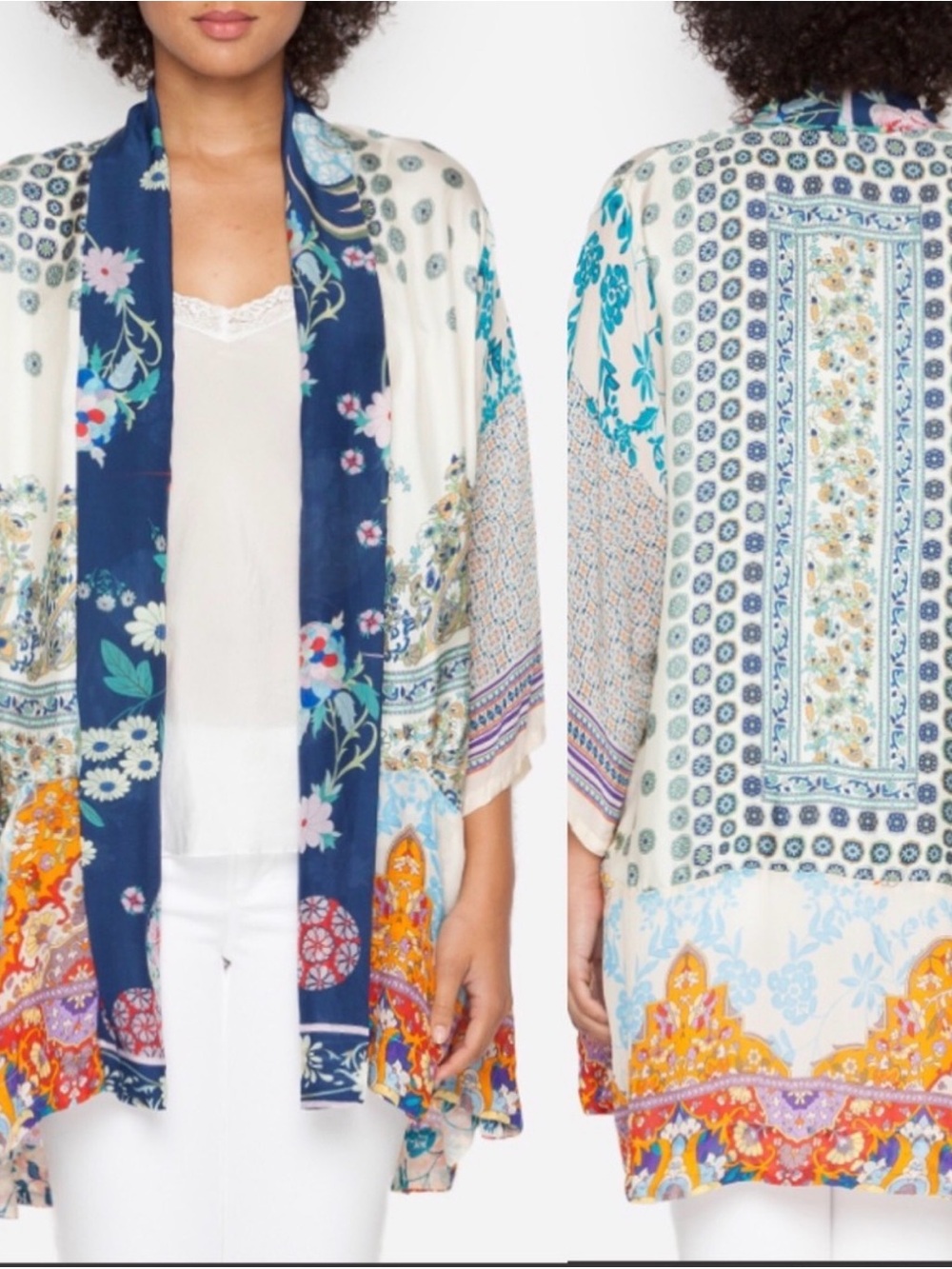 100% Silk Floral Patchwork Open-Front Kimono Jacket 
Available in L and XL